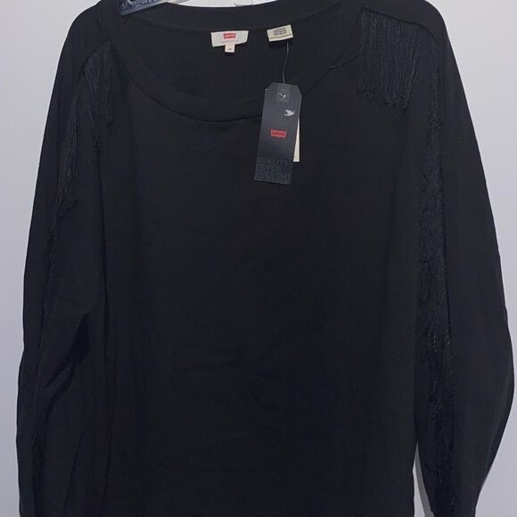 Levi's Women's Black Plus Reese Fringe Crew Neck Pullover Sweatshirt Size 3X - Picture 1 of 9